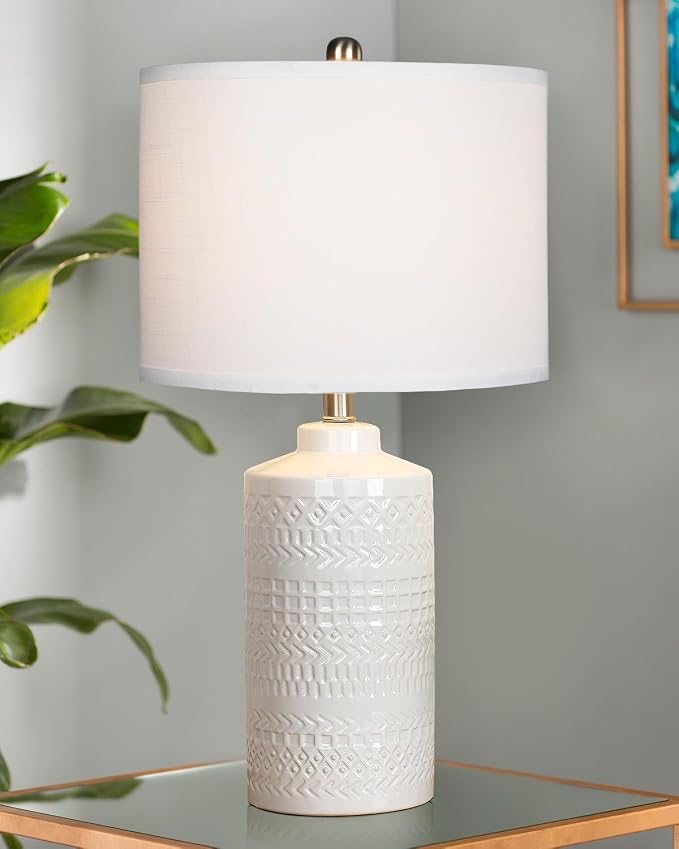 JUNNAI 24.5" White Ceramic Table Lamp 3-Way Dimmable Nightstand with White Linen Shade Bedside Lamp for Bedrooms & Living Room Office Reading(Bulb Included)