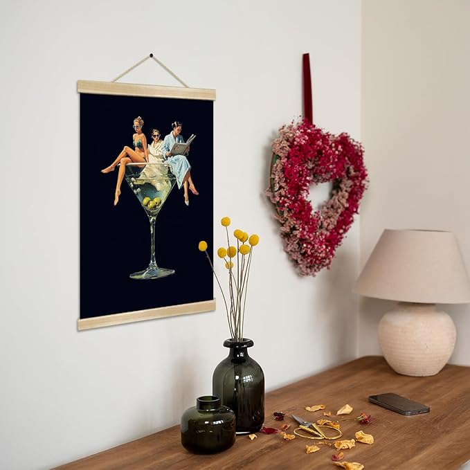 Martini Girl Wall Art, Vintage Glam Cocktail Poster, Retro Fashion Woman in Martini Glass Canvas Print, Chic Bar Lounge Wall Decor for Dining Room Kitchen or Home Office 14x18.5 Inch (Black-Woman04)