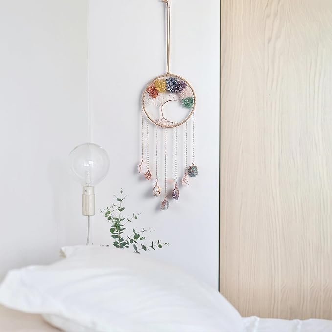 7 Chakra Wind Chimes Raw Stone Tree of Life Dream Catchers Hanging Ornament Natural Crystal Wind Chime for Home Garden Decoration(Gold)
