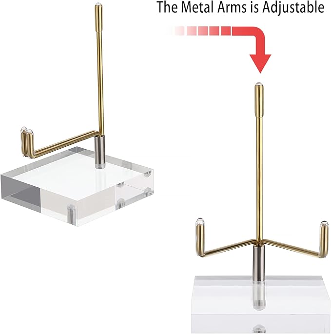 Hipiwe Clear Acrylic Display Stand Holder with Adjustable Metal Arms Display Easel Stands for Gemstones Fossils Minerals Agate Slabs Plates Crystals Saucers Collectibles, 2.4x2.4x4.1 inch