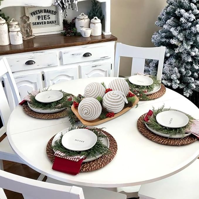 Briful 3.94'' Christmas Balls Ornament Set, 6PCS Large White and Tan Rope Decorative Yarn Balls Xmas Tree Hanging Ornaments with Strings for Xmas Home Decor
