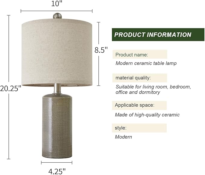 G-SAFAVA 20.25" Small Table Lamps Set of 2 Modern Ceramic Lamps for Living Room Farmhouse Bedside Lamps Boho Lamps for Night Stands Grey Bedroom Lamp Side End Table Lamps