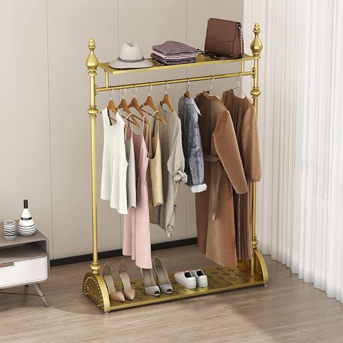 Clothing Rack Gold, Industrial Clothes Rack for hanging Clothes with Double Shelves Freestanding Multi-functional Heavy Duty Garment Rack, Metal Movable Coat Rack for Organizing Clothes Shoes