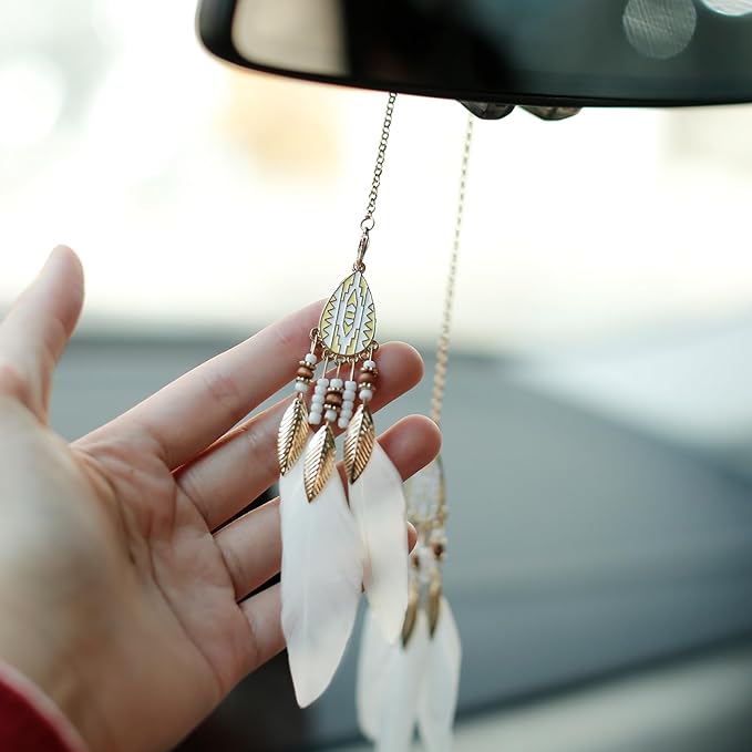 Mini Dream Catcher Car Interior Rearview Mirror Hanging Decor Nature Feather Small Boho Car Charms Pendant Accessories (New White)