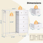 OLIXIS 6 Storage for Bedroom with Hanging Rack with LED Lights & Charging Station, Fabric Chest of Storage with Rack, Wooden Top, for Home Living Room Entryway White