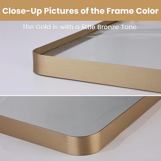 LOAAO 60”X36” Gold Bathroom Mirror, Rounded Rectangle Gold Frame Mirror, Brushed Gold Bathroom Vanity Mirror Wall-Mounted, Anti-Rust, Tempered Glass, Hangs Horizontally or Vertically