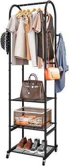 SUOERNUO Clothes Rack With Wheels and 3-Tier Metal Shelves,Clothing Rack For Hanging Clothes With 4 Hooks,Garment Rack Wardrobe Organizer for Small Space,Black (black, 16.54 * 18.23 * 72.05)