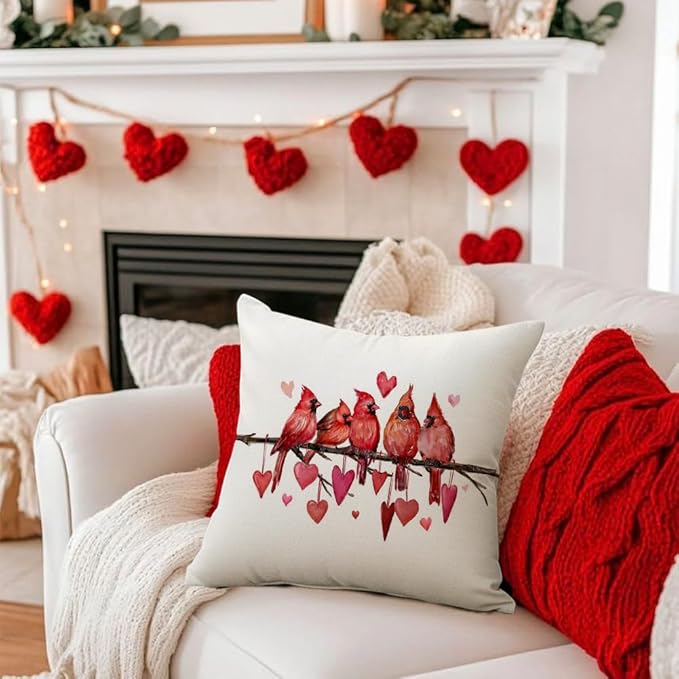RABUSOFA Valentines Pillow Covers 18x18 inch Valentines Day Decoration Red Love Heart Cardinal Anniversary Wedding Throw Pillowcase for Couch Home Decor(15)