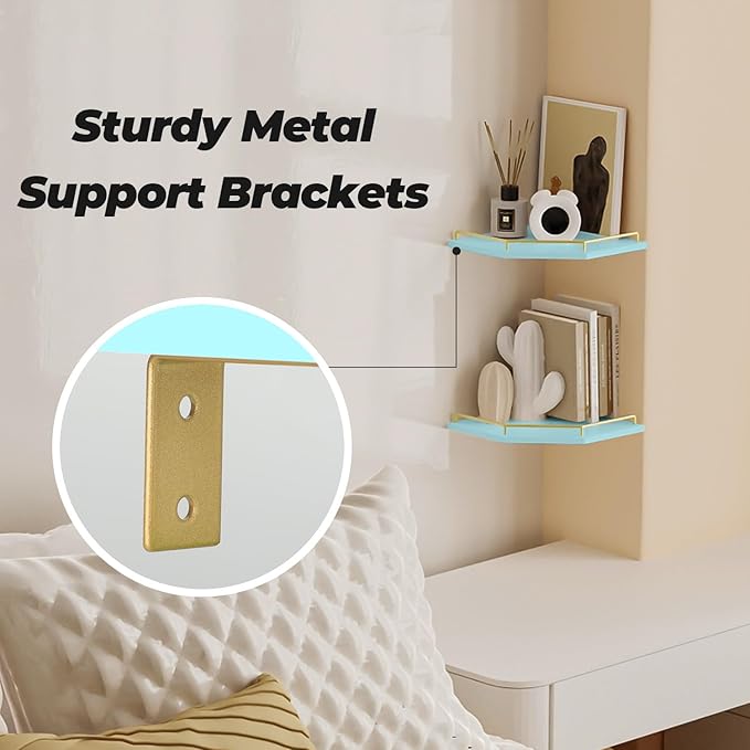 Tirzah Blue Wall Mount Corner Shelf with Gold Metal Guardrail, 2-Tier 9.5-inch Diamond-Shaped Wood Corner Floating Shelves for Home Decor Kitchen Organizer