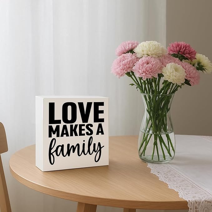 Motivational Home Decorate, Love Makes a Family, Rustic Farmhouse Wall Sign, Wedding Gift, Christian Quotes Decor, Living Room Decor, Family Wall Decoration, Home Desk Decorate, 5.1x5.1inches