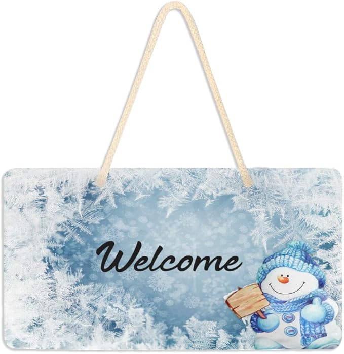 Blueangle Blue Snowman Welcome Sign - Front Door Decor Wall Hanging Acrylic Plaque Porch Decorations for Home