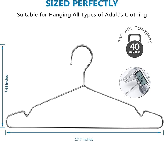 Fayleeko Heavy Duty Stainless Steel Coat Hangers - 40 Pack of 17.7 Inch Ultra Thin, Space Saving Clothes Hangers (Silver)