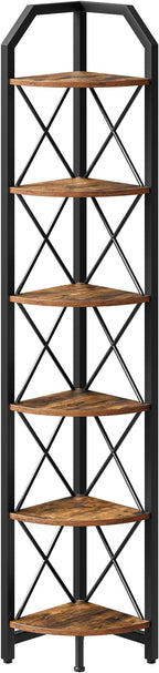 CHOEZON 6-Tier Corner Shelf, Industrial Corner Bookshelf, 71.2" Corner Storage Stand, Plant Stand Display Shelf, Corner Bookcase for Bedroom, Living Room, Home Office, Rustic Brown and Black TCJ11BF
