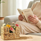 Hanging Magazine Basket, Handwoven Water Hyacinth Wall Magazine Holder with Handle for Books & Files, 11.8x4.3x7.9 Inch Water Hyacinth Farmhouse Storage Rack with Hook for Bathroom, Kitchen, Office