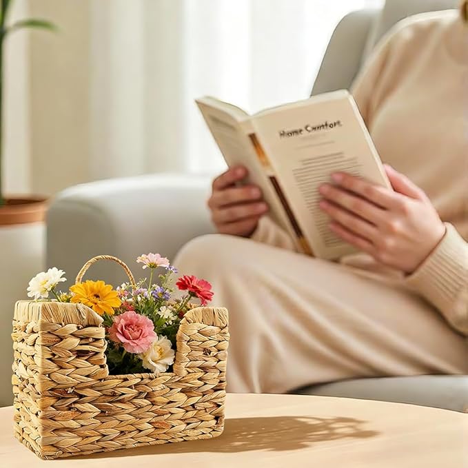 Hanging Magazine Basket, Handwoven Water Hyacinth Wall Magazine Holder with Handle for Books & Files, 11.8x4.3x7.9 Inch Water Hyacinth Farmhouse Storage Rack with Hook for Bathroom, Kitchen, Office