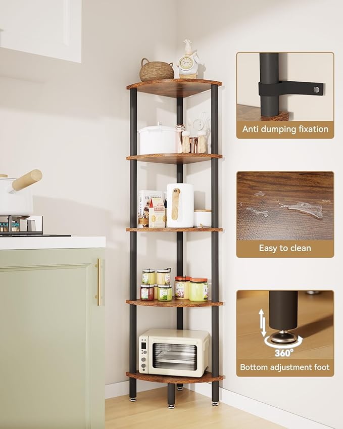 IBUYKE 5 Tier Corner Shelf Stand,Industrial Corner Display Rack,Corner Bookshelf for Living Room, Bedroom, Kitchen, Home Office, Brown WBC010H