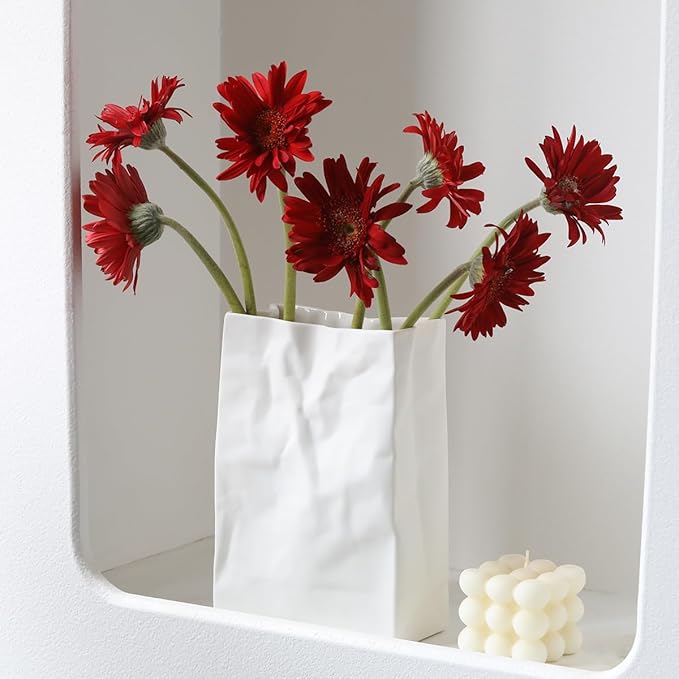 Crinkle Paper Bag Ceramic Vase, 7.8 Inch Square Wide Mouth Pleated Planter, Unique White Matte Vase, Minimalist Boho Pot for Flower Arrangement Table Centerpiece Home Office Bookshelf Decor