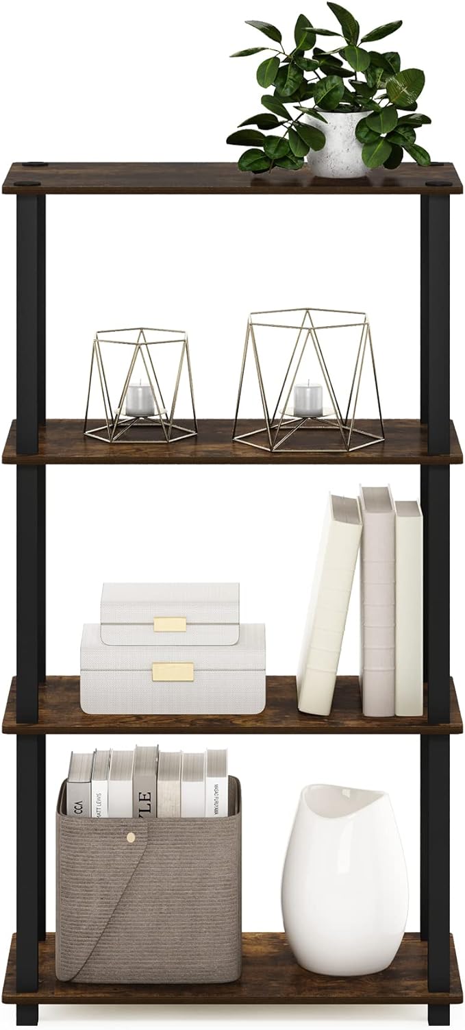 Furinno TURN-S-TUBE Storage Shelves, 4-Tier Book Shelf, Corner Shelf, Toolless Open Shelves, for Organization and Storage, Living Room, Garage, Home Office, Amber Pine