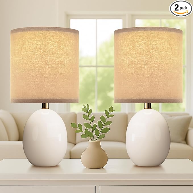 Dawnwake 17.3" Table Lamp Set of 2 for Living Room Bedroom, Bedside Lamps for Night Stands, Desk Nightstand Lamp Dimmable, Modern Linen Cream Ceramic Lamps (White-B)