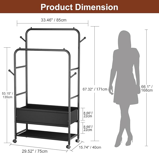 Furologee Clothing Racks for Hanging Clothes, Portable Rolling Garment Rack, Sturdy Metal Freestanding Clothes Rack with Wheels, Double Rods Wardrobe Racks for Bedroom Laundry Living Room