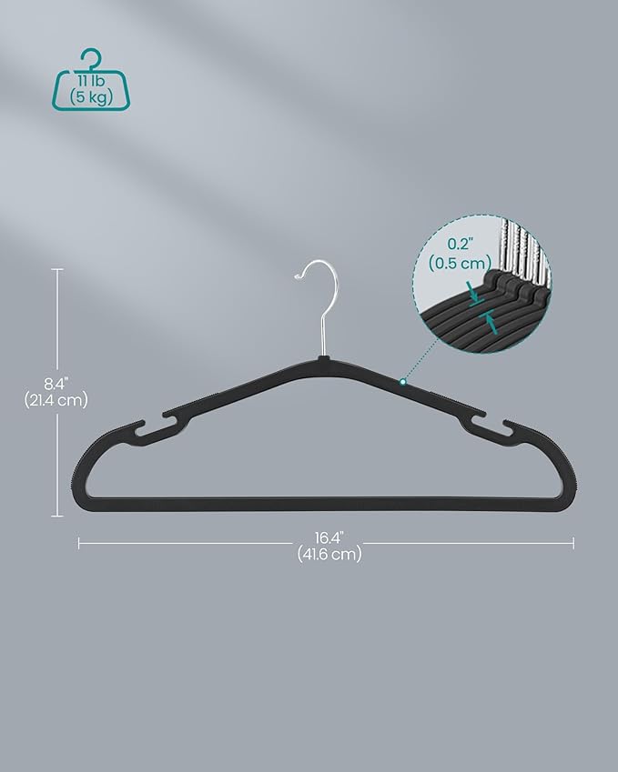 SONGMICS Clothes Hangers 50 Pack, Heavy-Duty Plastic Hangers, Coat Hangers with Wide Shoulder Notches, Pant Bar, 360° Swivel Hook, Space-Saving, 16.4 Inches, for Closet, Ink Black UCRP060B01