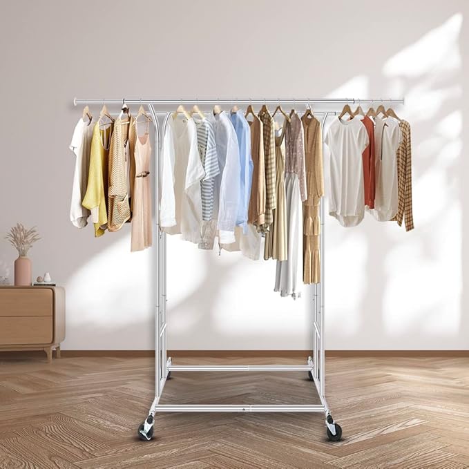 Silver Heavy Duty Double Rod Garment Rack for Hanging Clothes Chrome, Commercial Rolling Clothes Organizer Commercial Metal with Lockable Wheels Mobile for Coats Dresses