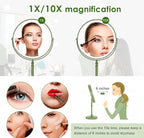 DEIOVWXS Makeup Mirror, 3000mAh Rechargeable Double-Sided Magnifying Vanity Mirror with 3 Colors, 1X/10X, Adjustable Brightness, Gifts for Mom, Mothers Day, Women, Wife, Girls, Dorm Room Essential