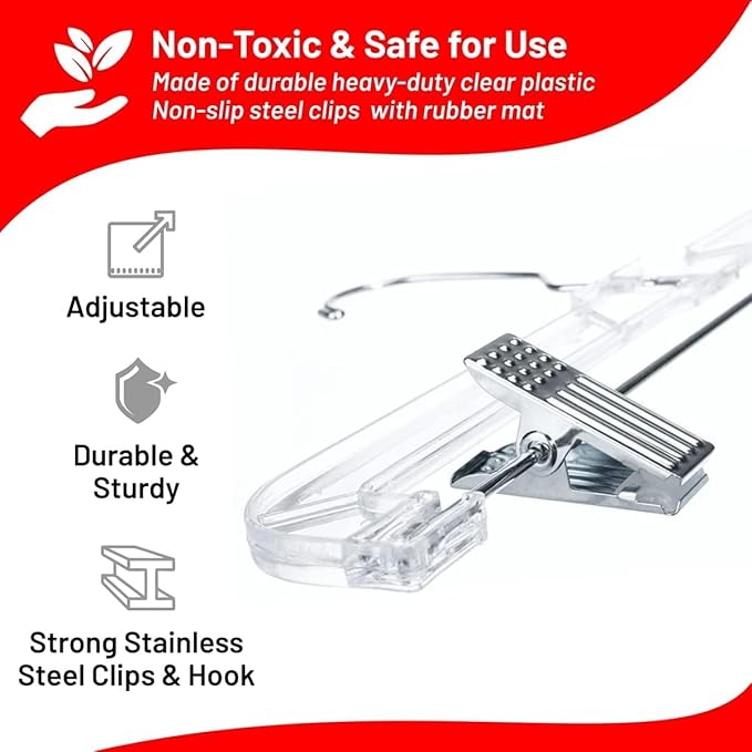 DEILSY™ Skirt Hangers 50 Pack Pants with Clips Hanger Shorts Clear Plastic Clothes with Adjustable Clip Non-Slip Clothes Hanger Perfect for Pant, Pack of 50