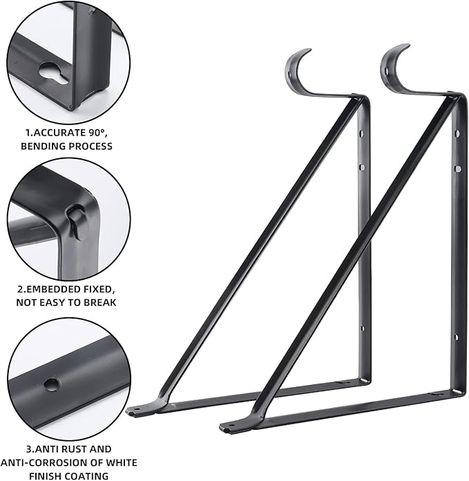 HOME MASTER HARDWARE Heavy Duty Closet Shelf Rod Brackets 10 Pack,Wall Mounted Closet Shelves Support Brace with Hook,10-3/4 in Black Bracket with Screws