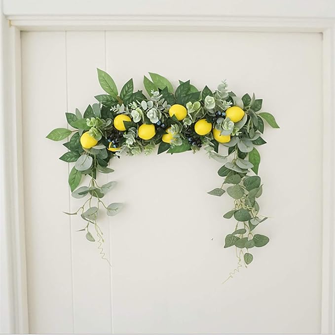Firlar Artificial Flower Swag, 18 Inch Decorative Swag with Lemon Berry, Green Leaves Hanging Ornament Floral Swag Door Swag for Wedding Home Party Door Wall Decoration