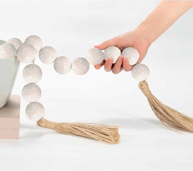OMISHE 60" Long Extra Large Wood Bead Garland with 1.6" Diameter Wooden Beads and Tassels, Rustic Farmhouse Country Decorative Beads for Home Tiered Tray Decor, Rustic White
