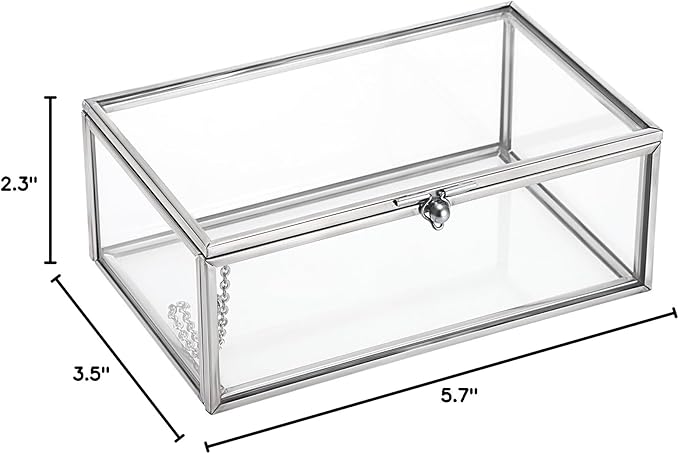 Hipiwe Vintage Glass Keepsake Box Rectangle Jewelry Display Organizer Lidded Box Home Decor Accent Decorative Box for Storage Trinket Rings Bracelet, Silver, Small
