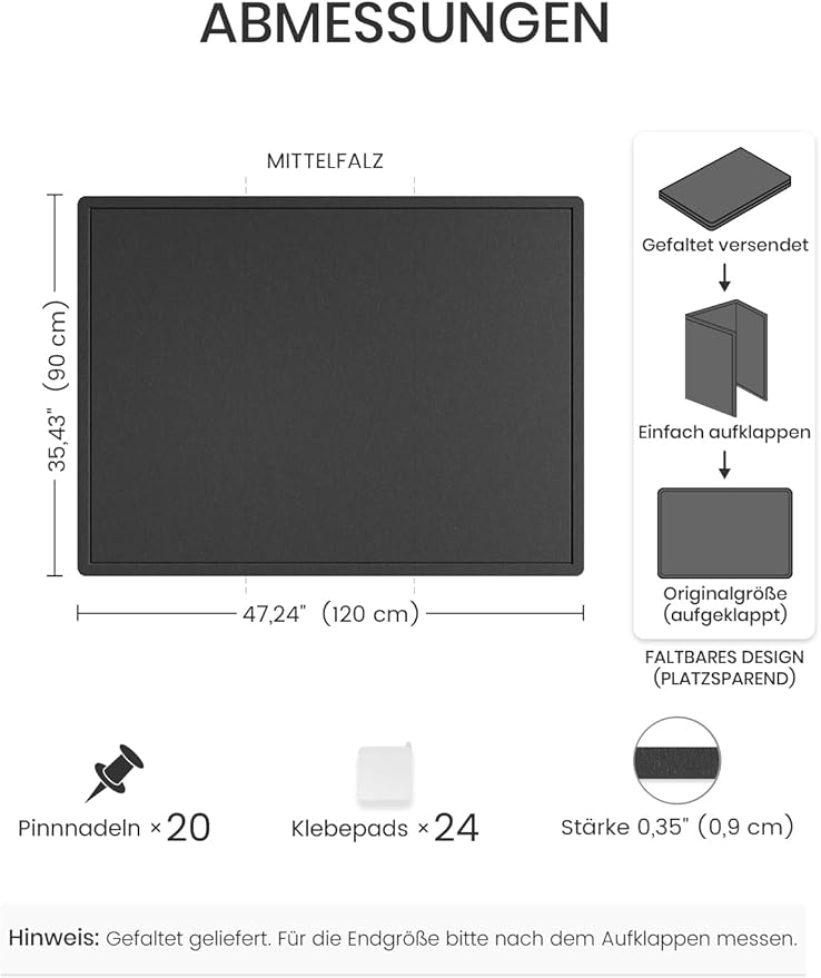 Fluxynara Large Bulletin Board, 47.2" x 35.4" Cork Board Alternative with 24 Safe Removable Adhesive Tabs, Foldable Felt Pin Board for Home Office, Classroom, Bedroom,Entryway for Walls—Black