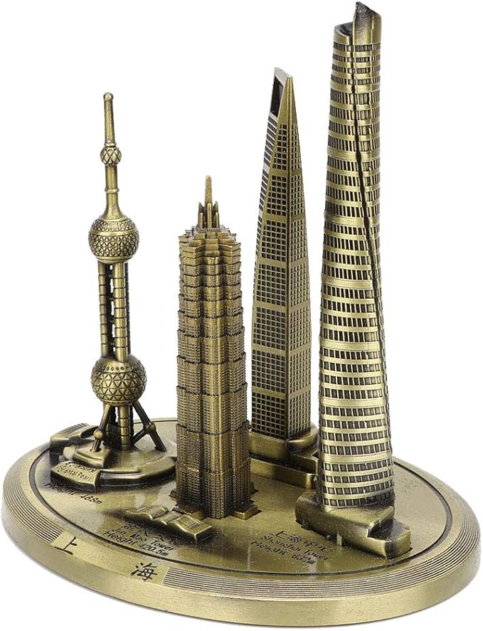 Shanghai Building Collection Model Set, Oriental Pearl Tower and Jin Mao Financial Center Souvenir, Electroplated Bronze Gold Metal Architecture Miniatures for Office Home Decor (Bronze-Large)
