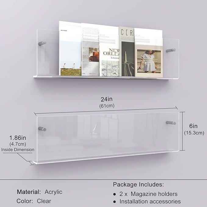 Acrylic Magazine Holder, 2 Pack Hanging Bookshelf Magazine Rack, Wall Mounted Floating Brochure Display for Waiting Room, Office, Home (Clear, 24 Inch)