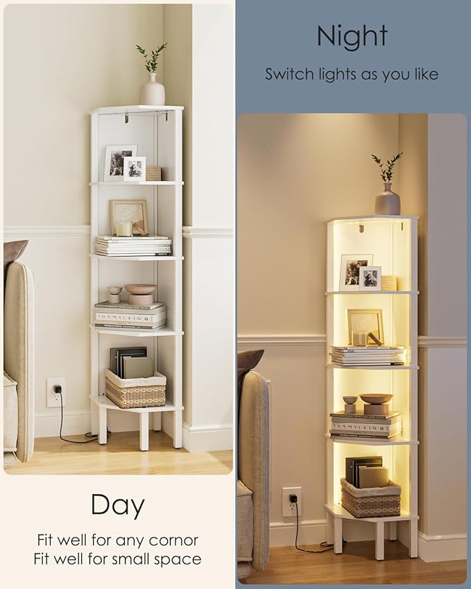 Corner Shelf Stand, 5 Tier Corner Bookshelf with Led Light,Corner Furniture for Bedroom Display Corner Shelf for Small Space,Wood Shelves with Storage Rack for Living Room,Office,White