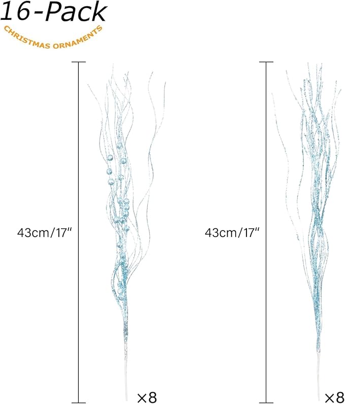 SLK 16-Pack Artificial Glitter Berry Stem Ornaments, Christmas Decorative Glittery Twigs, Picks, Branches for Tree, Wreath, Small Vase, Halloween Party (LightBlue)