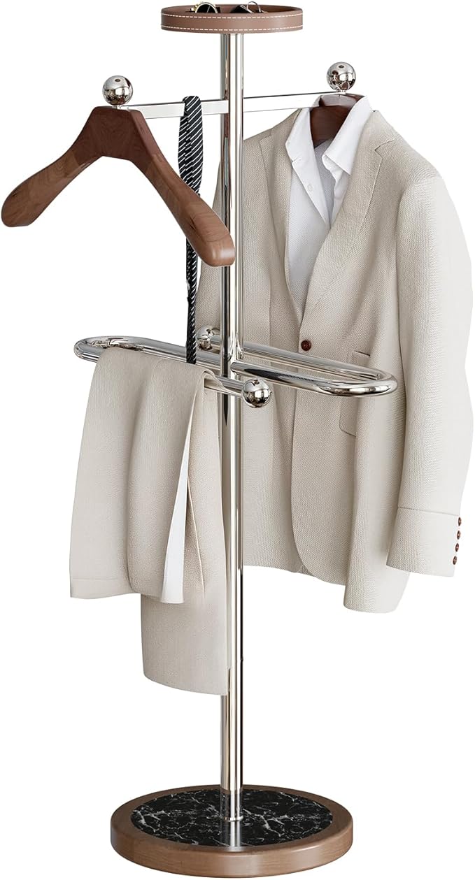 Metal Valet Stand with Tray, Clothes Valet Stand for Men with 2 Suit Hangers, Multifunctional Suit Valet Stand with Sturdy Base, for Entryway, Bedroom, Office H:54.33IN
