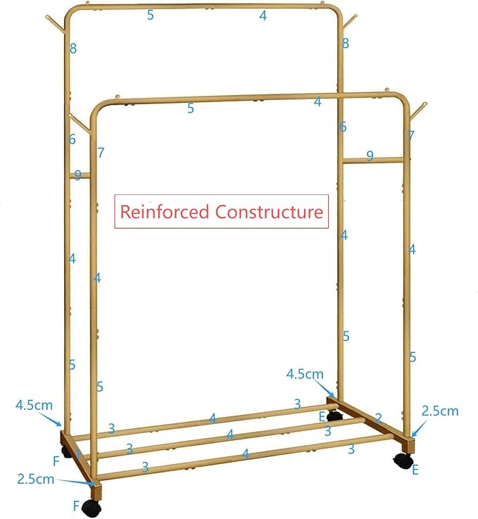 AT-VALY Double Rod Clothing Rack with wheels,Garment Rack for Hanging Clothes,Multi-functional Bedroom Clothes Rack (Gold)