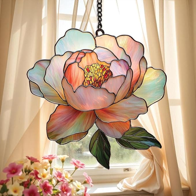 Light Pink Peony Flower Acrylic Suncatcher, Flower Suncatchers for Window Hangings, Stained Glass Effect Garden Decor, Gift for Mother's Day, Mom, Grandma, Wife, Women