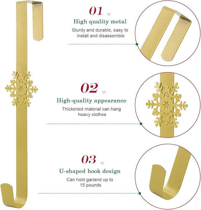 Wreath Hangers for Front Door,15" Sturdy Metal Wreath Doors Hangers,Over The Door Hooks for Front Porch Decor,Garland Hooks Holders for Halloween Christmas Decorations (Gold Snowflakes, 4 Pack)