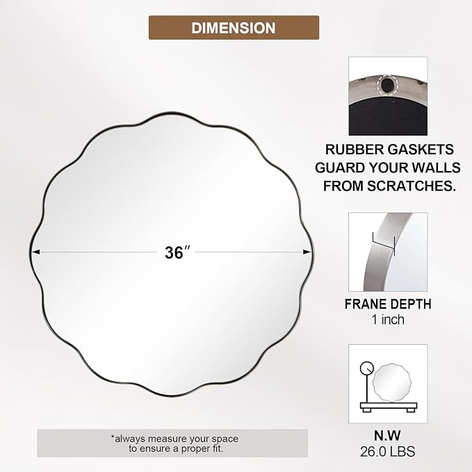 ANDY STAR Brushed Nickel Round Bathroom Mirror, 36 Inch Round Circle Mirror in Stainless Steel Metal Frame, Large Silver Vanity Frame with Unique Wavy Design