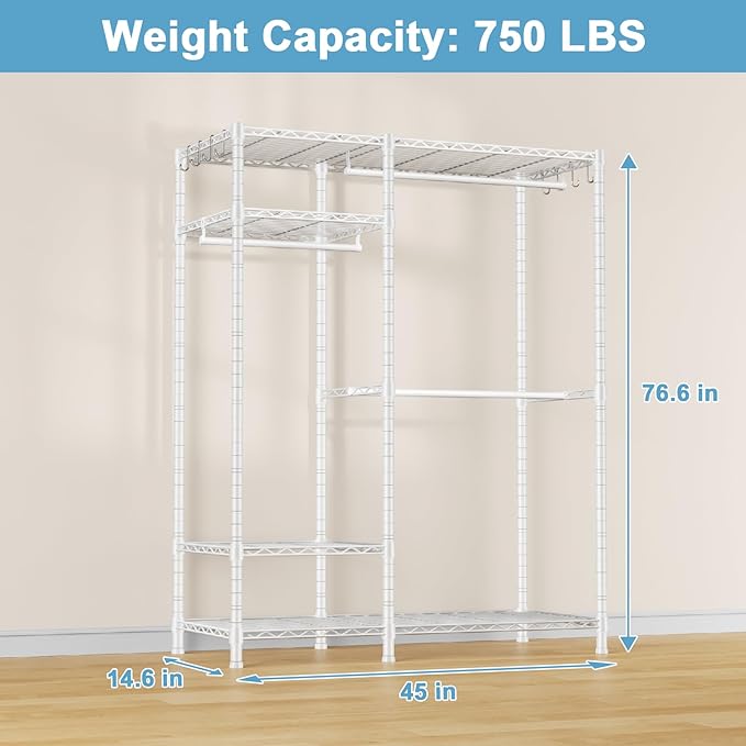 Ulif F7 Medium Garment Rack, Heavy Duty Clothes Rack, Clothing Racks for Hanging Clothes, 6-Tiers Freestanding Portable Closet Storage Rack 45'' W × 14.6'' D × 76.6'' H, Max Load 750 Lbs, White