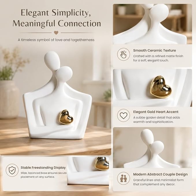 Ceramic Hugging Couple Statue with Gold Heart - Lover Figurine Home Decor Aesthetic, Romantic Gift for Her on Wedding Anniversaries and Valentine's Day Decor for Living Room Bedroom Shelf