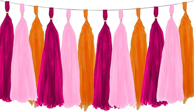 Rose Red Pink and Orange Tassel Garland Paper Tissue Tassels Garland for Party Decorations, Pack of 15