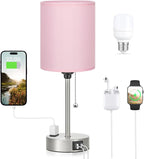 Dicoool Pink Bedroom Lamp for Bedside - 3 Color Temperatures Desk Lamp with USB C and A Ports, Pull Chain Table Lamp with AC Outlet, Nightstand Lamp with Silver Metal Base for Kids Girls