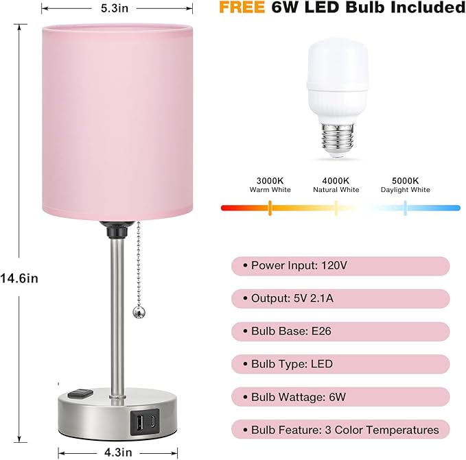 Dicoool Pink Bedroom Lamp for Bedside - 3 Color Temperatures Desk Lamp with USB C and A Ports, Pull Chain Table Lamp with AC Outlet, Nightstand Lamp with Silver Metal Base for Kids Girls