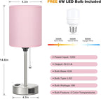 Dicoool Pink Bedroom Lamp for Bedside - 3 Color Temperatures Desk Lamp with USB C and A Ports, Pull Chain Table Lamp with AC Outlet, Nightstand Lamp with Silver Metal Base for Kids Girls