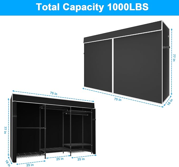Ulif E13C Pro Heavy Duty Closet Organizer System，Freestanding Clothing Racks for Hanging Clothes，Adjustable Garment Rack 75" W x16 D x77 H Hold 1000lbs，Black Rack with Black Dustproof Cover
