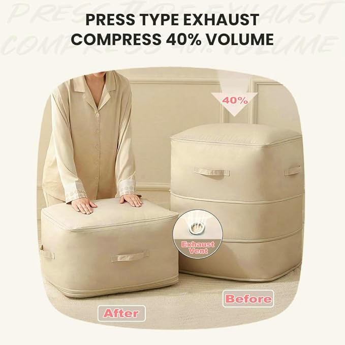 Ultra Space Saving Self Compression Organizer, 3-Layer Zipper Large Capacity Storage Bag, Thick Satin Fabric Heavy Duty Bags for Comforters Blankets Bedding Duvet (Beige, X-Large, 21x17x24in)